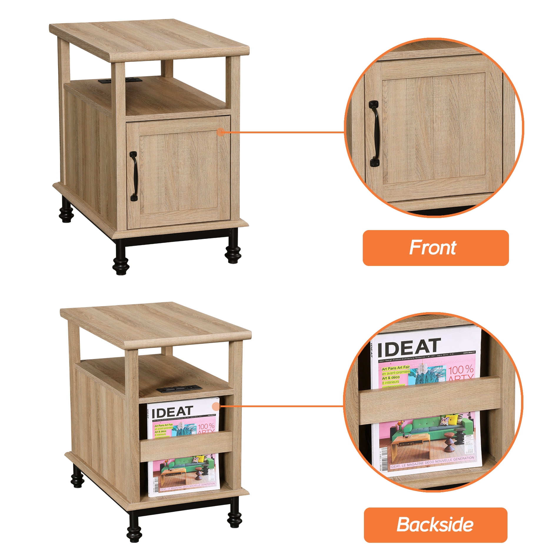 Oak End Table Bedside Table with Charging Station & Cabinet for Bedroom, Side Table for Living Room, 23.6 inches