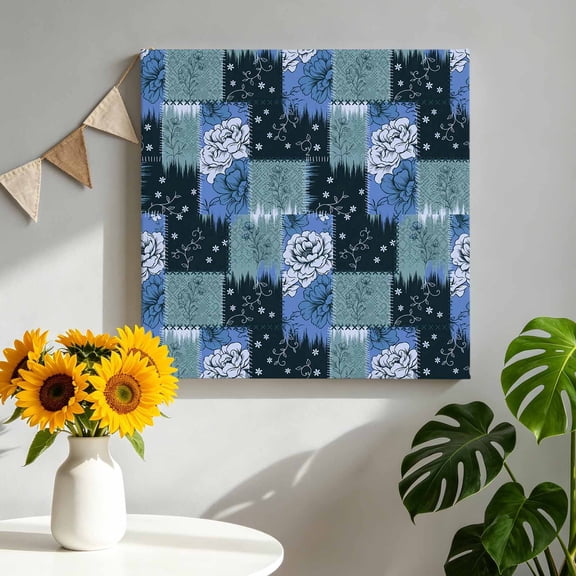 Damask Flower Canvas Wall Art for Living Room, Rustic Chestnut Slate Blue Floral Blocks Vintage Poster Print Painting for Bedroom Dining Room Balcony Decoration Wall Pictures Prepare To Hang 10"x10"