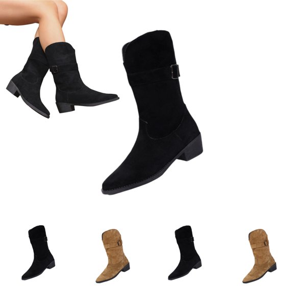 IEMIEMIEM Women's Mid Calf Boots Faux Suede Western Cowboy Shoes Adjustable Metal Buckle Pointed Toe Low Block Heel Riding Boots Retro Vintage Casual Boots for Autumn Winter Street Black 7.5 Wide