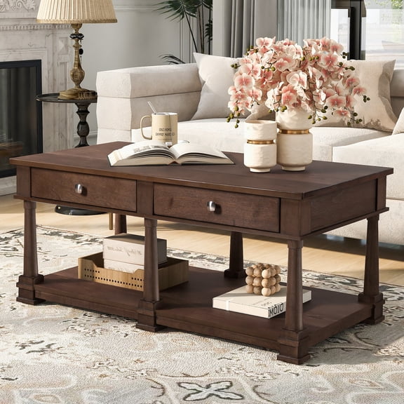 Farmhouse Wooden Coffee Table with 2 Storage Drawers & Lower Shelf, Rectangular Cocktail Table with Solid Wood Legs, Living Room Center Table,Brown