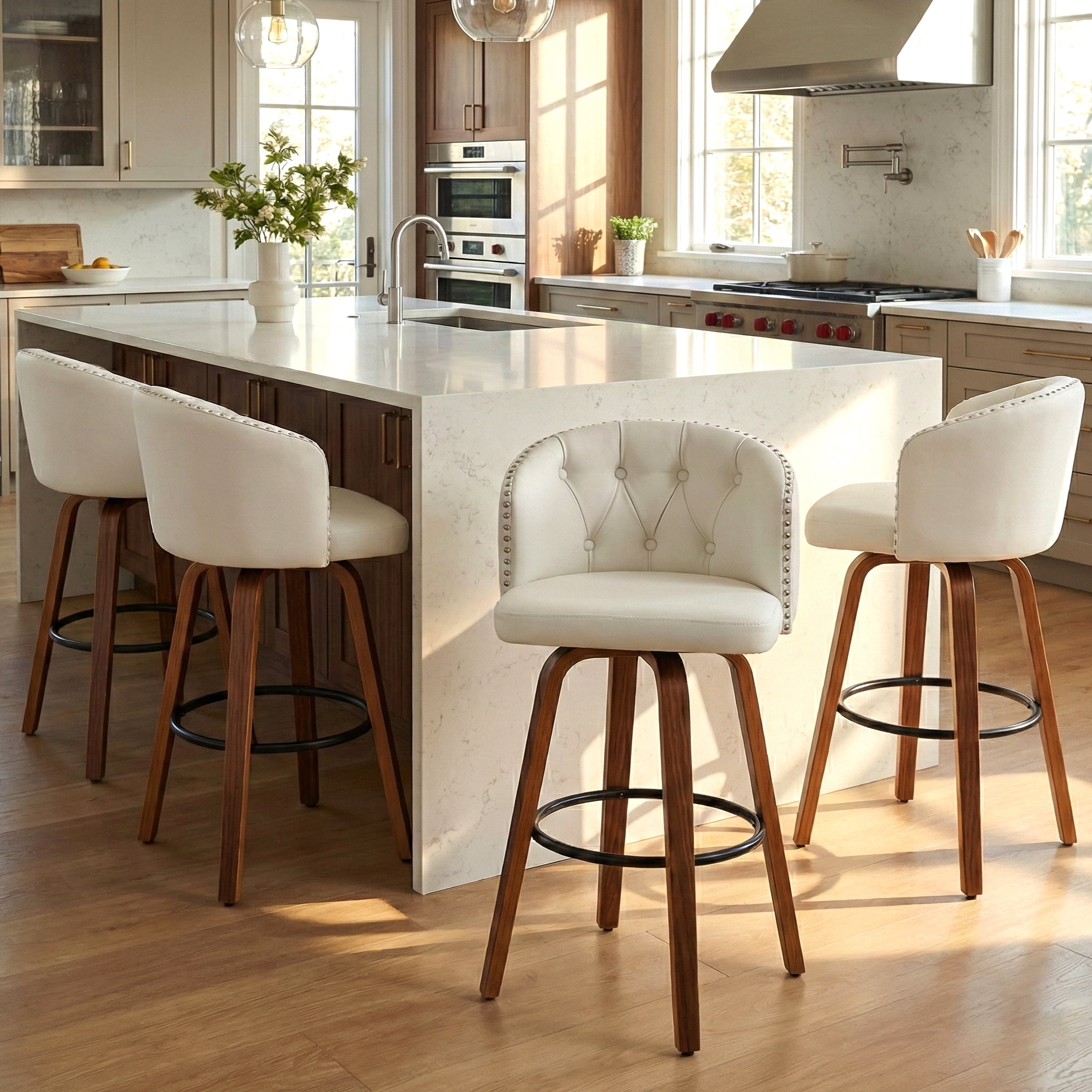 Fahomiss 26" Swivel Counter Height Bar Stools Set of 4, White Leather Farmhouse Kitchen Stools