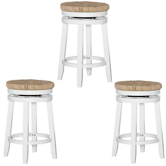 Home Square 3 Piece Swivel Rush Wood Counter Stool Set in White
