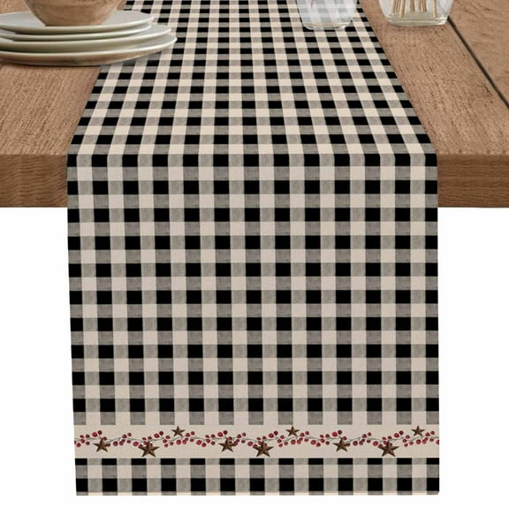 Western Star Berry on Vintage Table Runner-70 Inch Long Black Checkered Plaid Table Runners Linen Burlap Tablerunner for Kitchen Dining Room Holiday Party