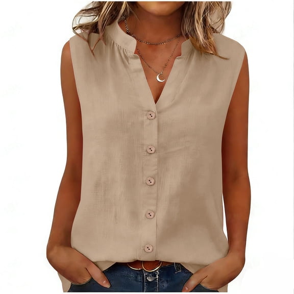 Bosfbaoi Plus Size Shirts for Women V Neck Sleeveless Button Front Womens Summer Tops Casual Loose Vest Blouse