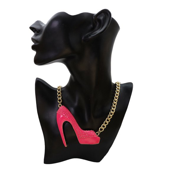 Women Necklace Gold Metal Chain Bling Fashion Pink Shoe Pump Charm Celebrity
