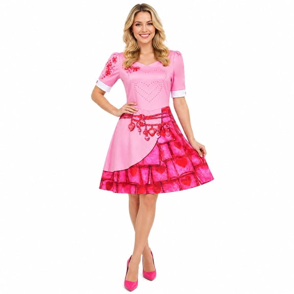Halloween Dress Up, Halloween Outfits, Pink Ruffle Halloween Dress Costume Cosplay Outfit with Fitted Bodice, Layered Patterned Skirt and Waist Bow Accents and Short Sleeves for Halloween Parties