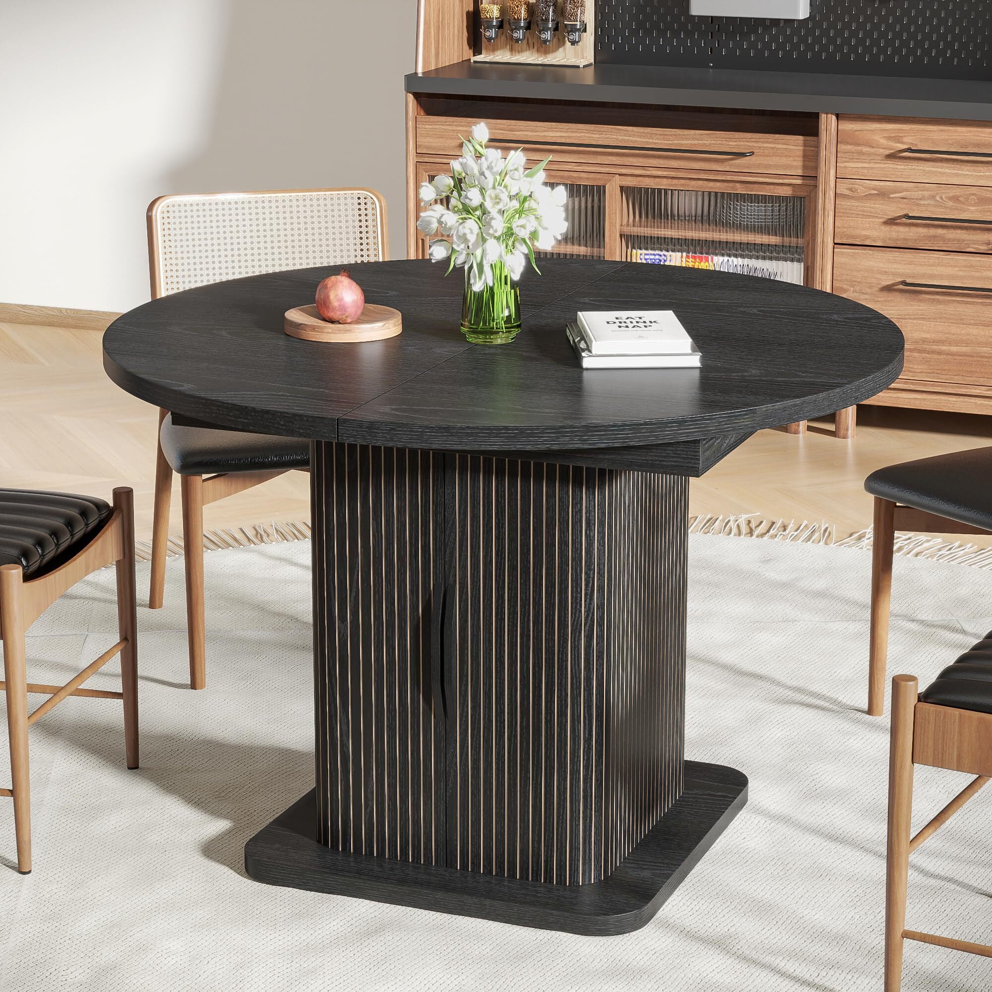 Extendable Round Dining Table for 4–8, 59" Modern Kitchen Table with Storage & Fluted Wood Sliding Door, Black