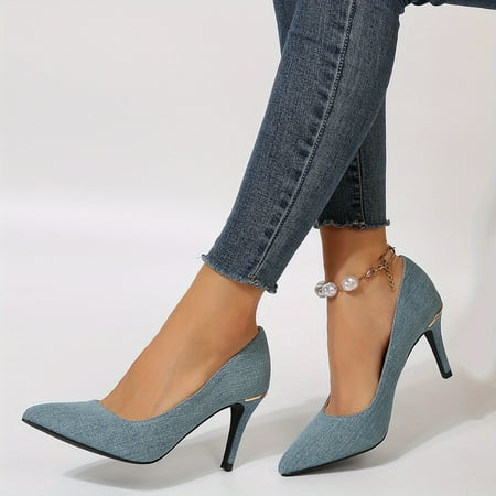 

Chic Blue Denim Stiletto Heels - Slip-On Pointed Toe Pumps - Timeless Elegant Fashion for Women - Ideal Dress Shoes for Formal Events