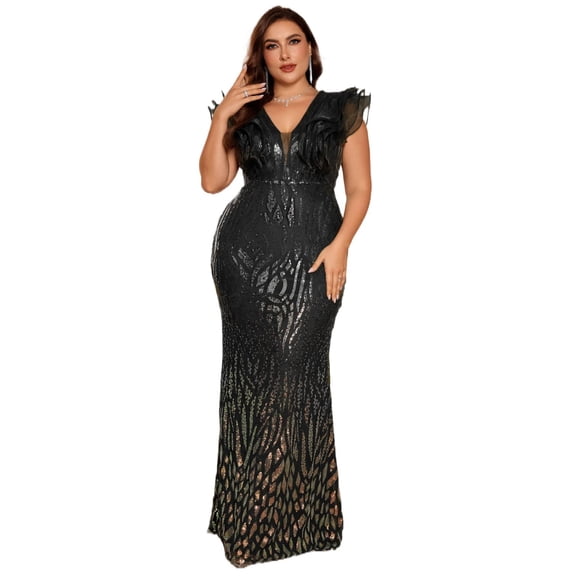 AURA Plus Size Evening Dress Deep V Neck Sequin Slim Fit Party Long Skirt 0XL-4XL