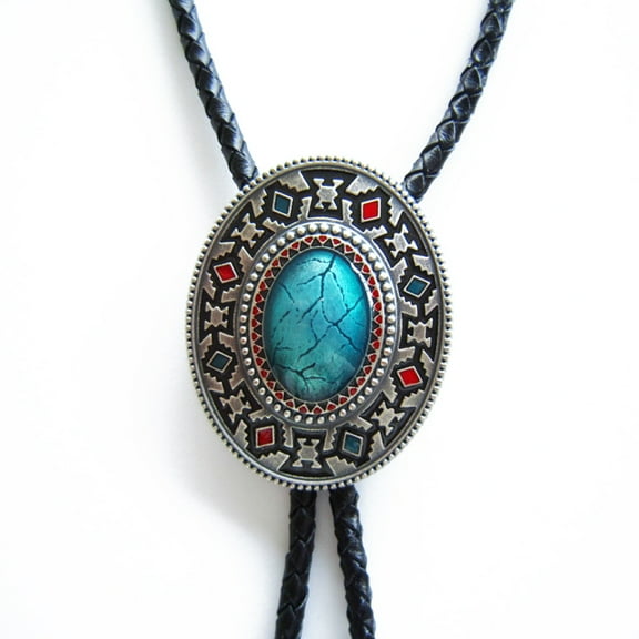 Vintage Style Silver Plated Oval Enamel Southwest Patterns Bolo Tie