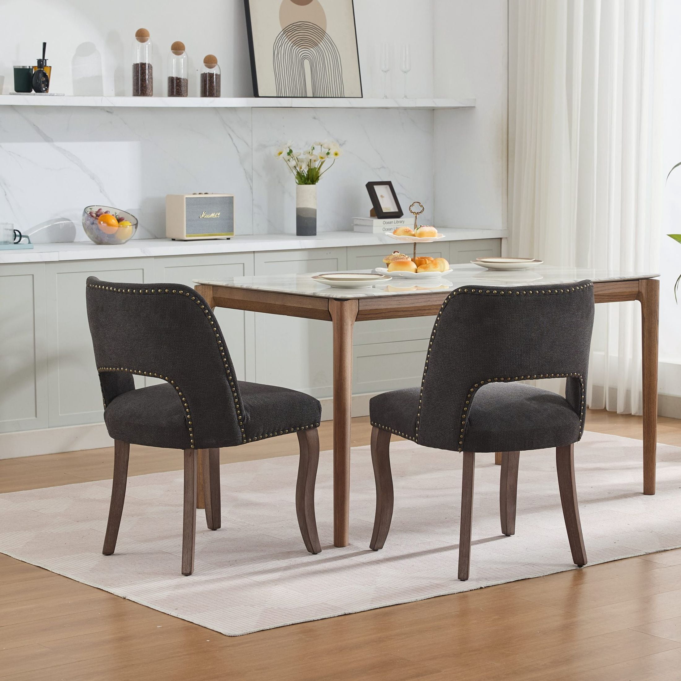 GDF Studio 22.8" Farmhouse Dining Chairs Set of 2 with Fabric Upholstery, Curved Rubberwood Legs, Black