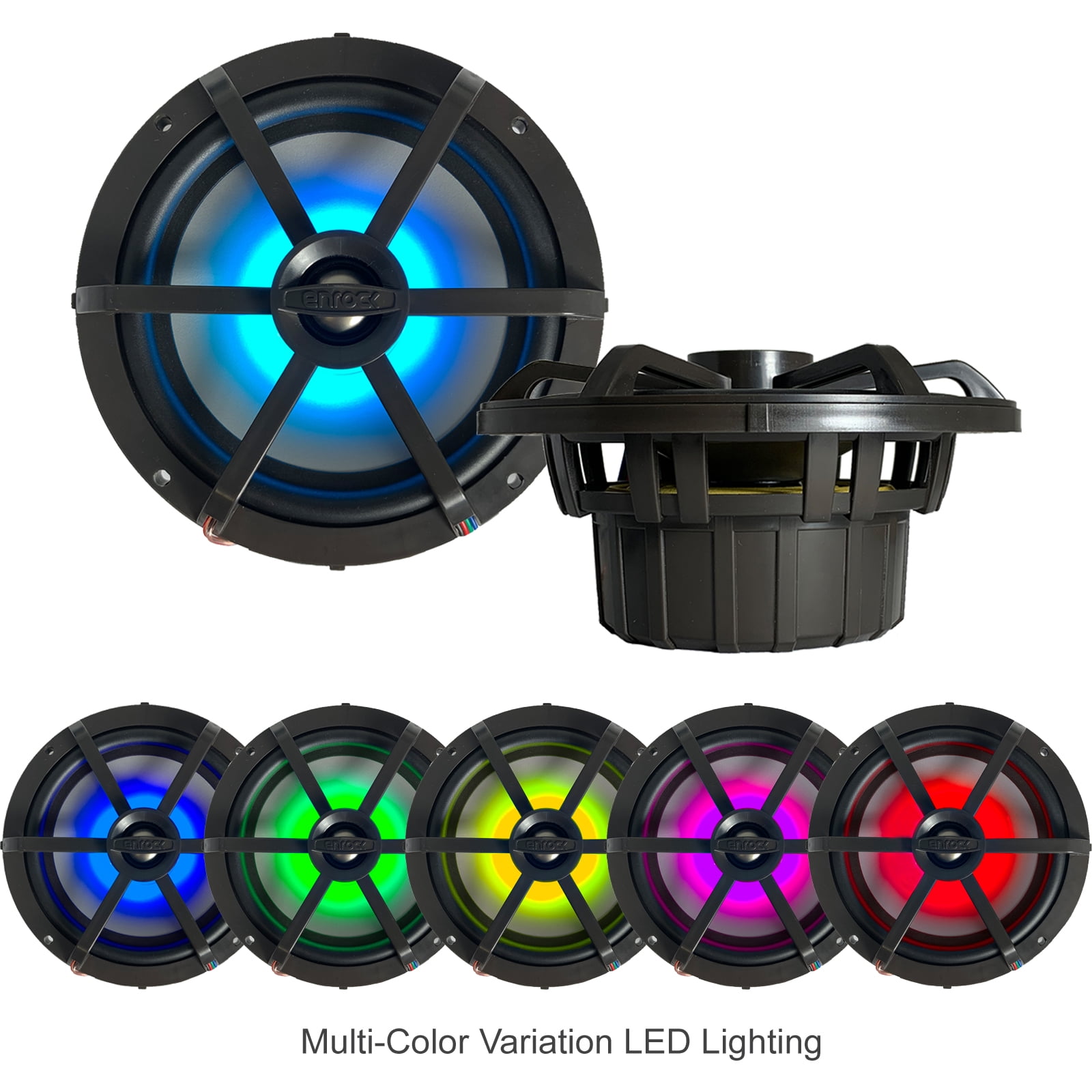 1 Pair (QTY 2) of Enrock Marine 6.5" 4-Ohm 120 Watt Peak Power Waterproof 2-Way Coaxial Speakers with MultiColor LED Lighting - Bundle Combo with Chrome and Charcoal Grilles