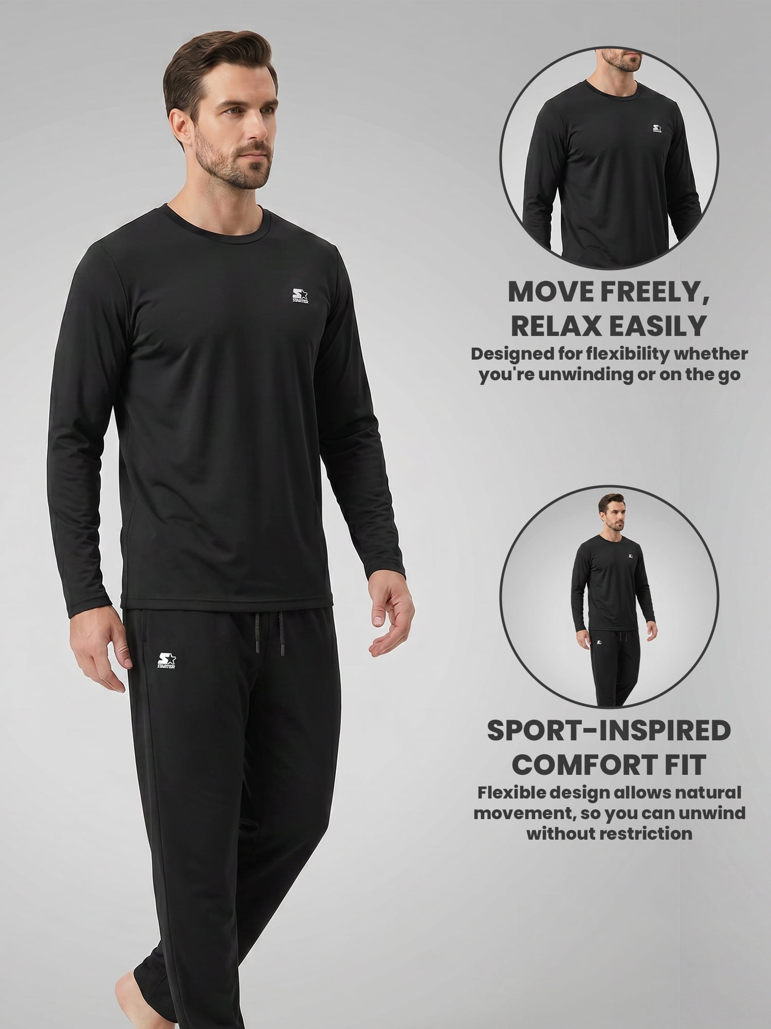 Starter Men's Pajamas 2-Piece Super Soft Long Sleeve Top and Pant Set, Black, L