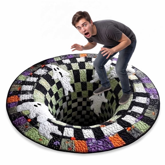 3D Skeleton Vortex Quilted Round Halloween Rug, Optical Illusion Soft Velvet Mat with Non-Slip Backing for Spooky Home Decor