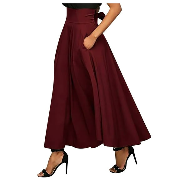 High Waist Wide Leg Palazzo Pants for Women with Pockets Elegant Long Flared Skirt Trousers Flowy Maxi Style Wine S