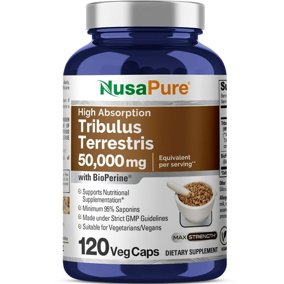 NusaPure Tribulus Terrestris 50000mg | 120 Veggie Caps | 95% Steroidal Saponins | Non-GMO, Bioperine