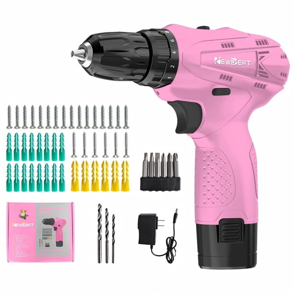 NEWBEAT Cordless Drill Set - 12V Power Drill with Battery and Charger, 3/8" Keyless Chuck, 2 Variable Speed, Pink Electric Tools for Women DIY