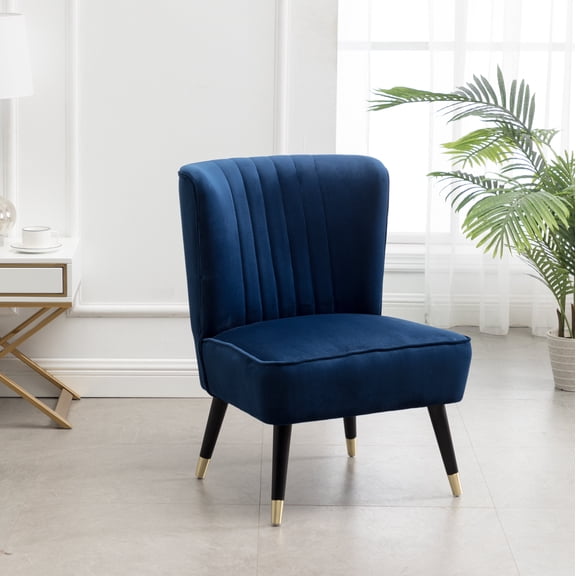 Contemporary Velvet Upholstered Accent Chair with Gold-Tipped Legs, Blue, for Living Room