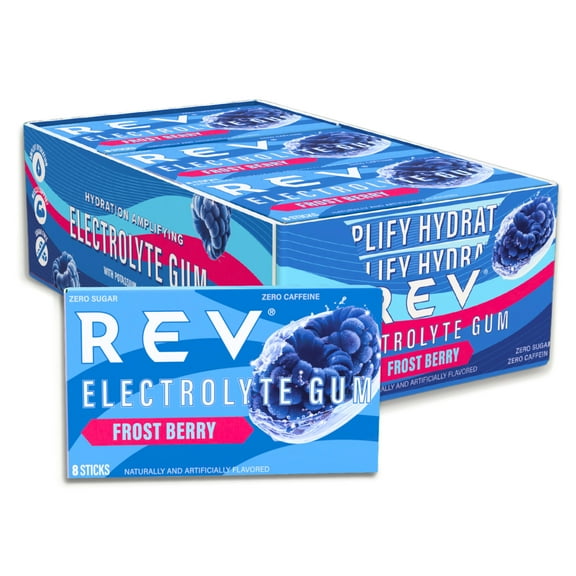 REV Electrolyte Gum, Frost Berry, Sugar-Free with Essential Electrolytes, 12 Count