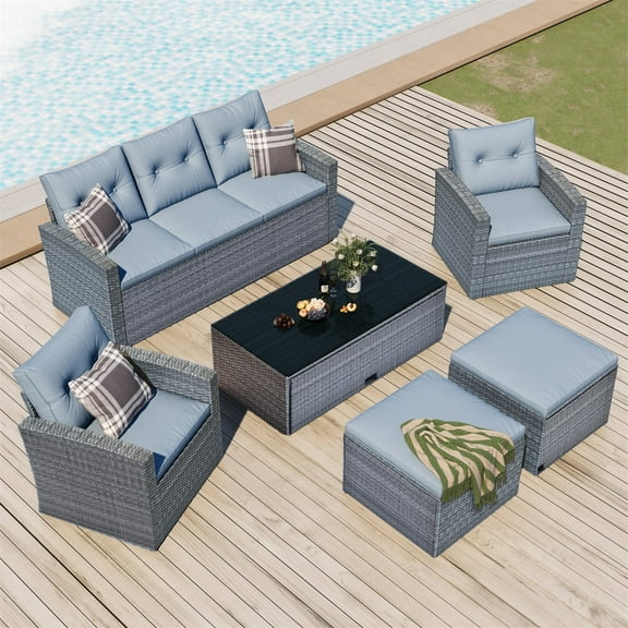 5 Pieces Outdoor Patio Furniture Sets Rattan Wicker Outdoor Patio Conversation Set with 2 Sofa Chairs, 1 Corner Chair, 1 Ottoman and 1 Glass Coffee Table, Sectional Sofa with Table, Blue