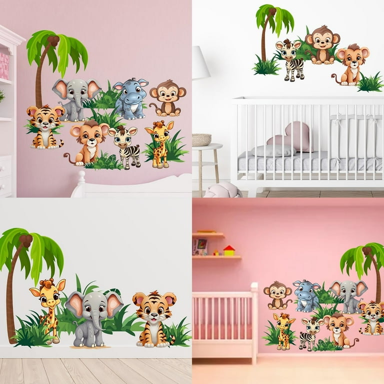 Large Jungle Animal Wall Decals - Giraffe, Elephant, Monkey Tree Stickers For Kids Room, Nursery