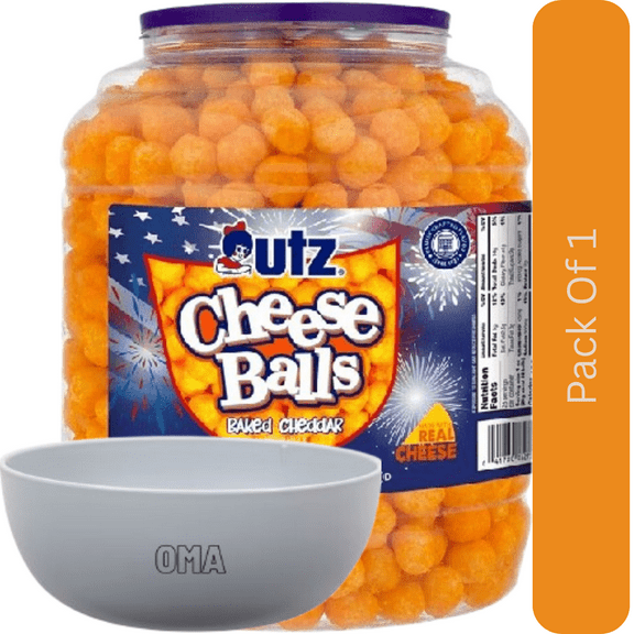 Utz Cheese Balls Barrel, Crunchy Cheddar Snack, 28 oz. With White Bowl By OMA