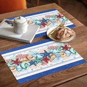 Placemats 1 Pack, Navy Starfish Summer Woven Placemat, Linen Place Mats for Kitchen/Dining Tables, Ocean Conch Coral Coastal Shell Washable Table Mats for Party