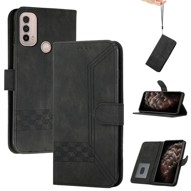 Pour Moto E20/E30/E40 Étui Portefeuille de Téléphone Durable en Cuir PU à Rabat - Noir