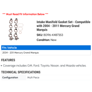 Intake Manifold Gasket Set - Compatible with 2004 - 2011 Mercury Grand Marquis 2005 2006 2007 2008 2009 2010
