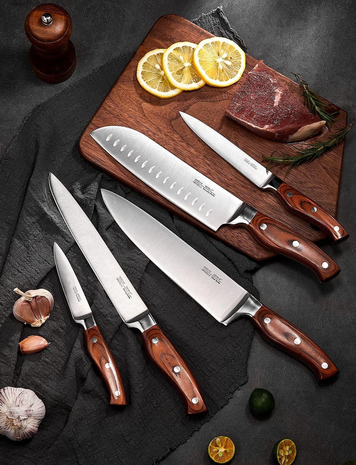 Kitchen Knife Set with Block WELLSTAR 6 Piece Knives Universal Holder Set German Stainless Steel Blade Non Stick Coated Chef Carving Bread Utility