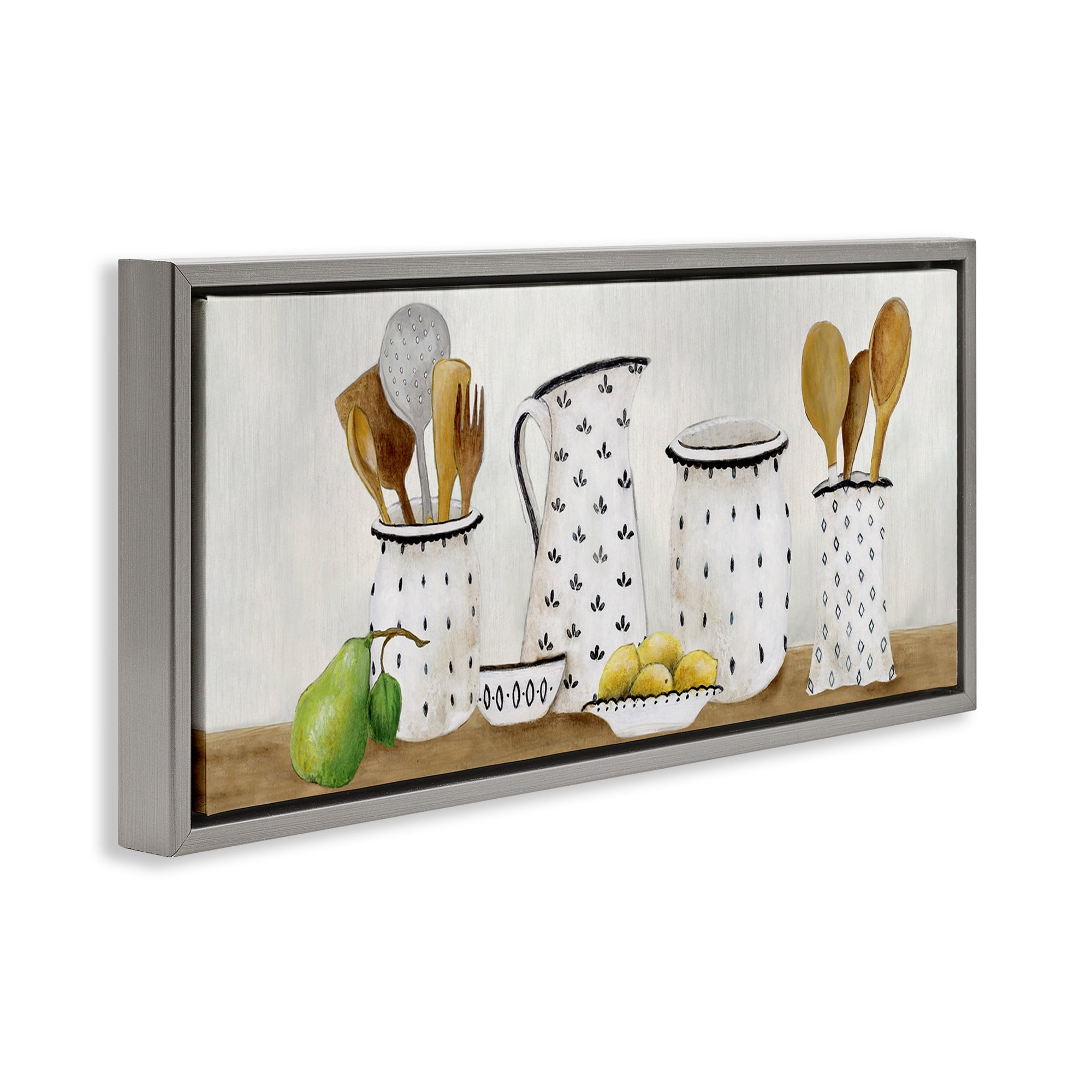 Stupell Industries Kitchen Jugs & Utensils Gray Framed Floater Canvas Wall Art, design by Janet Tava