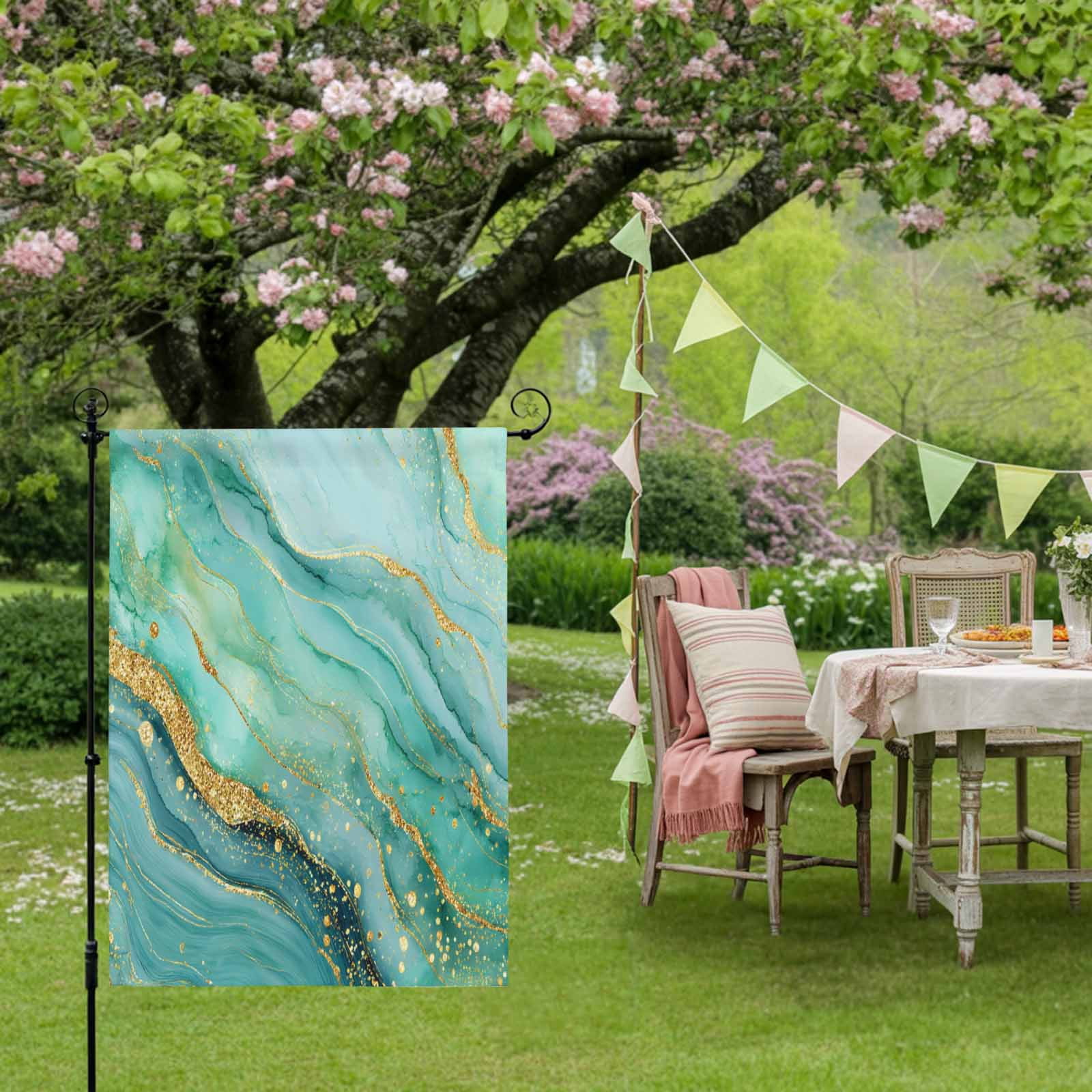 Turquoise Marble House Flag 28 x 40 Inches, Luxurious Abstract Teal Gold Water Ripples Weather Proof Outdoor Patio Flags Double Sided Small House Decoration for Yard Lawn Outside Home