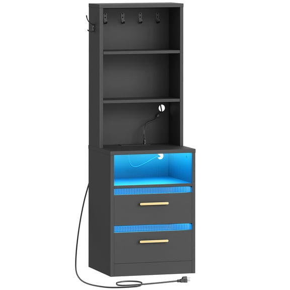 HOOBRO 51.2-Inch Tall Nightstand with LED, Charging Station, 2 Drawers & Double Hook, Black