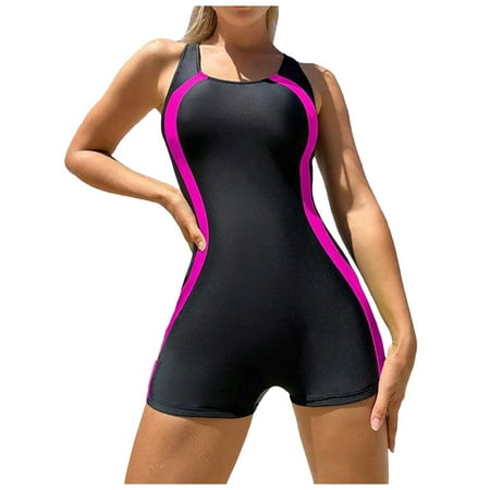 CAIVO Women Swimwear Stripes Color Block Swimsuit Round Neck Sport Stretchy Bathing Suit For Beach Pool Monokinis Swimsuit Classic Beach Vacation Summer Swim Wear