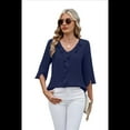 thumbnail image 2 of Blusas Informales Elegantes para Mujer, con Mangas 3/4, Cuello en V y Volantes, Azul Marino, Talla S, 2 of 5