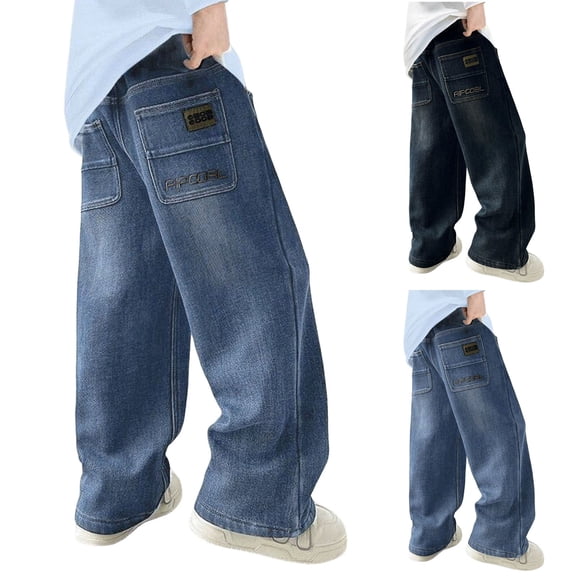 WUANDIXFA Boys Baggy Jeans for Kids Teen Casual Straight Wide Leg Cargo Jeans Y2K Summer Loose Elastic Waist Denim Pants with Pockets (Light Blue, 13-14 Years)