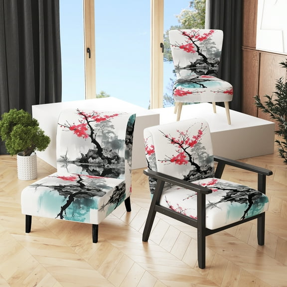 Designart "Sumi Lake Asian Painting I" Pink Asian Upholstered Accent Chair - Global Arm Chair For Living Room