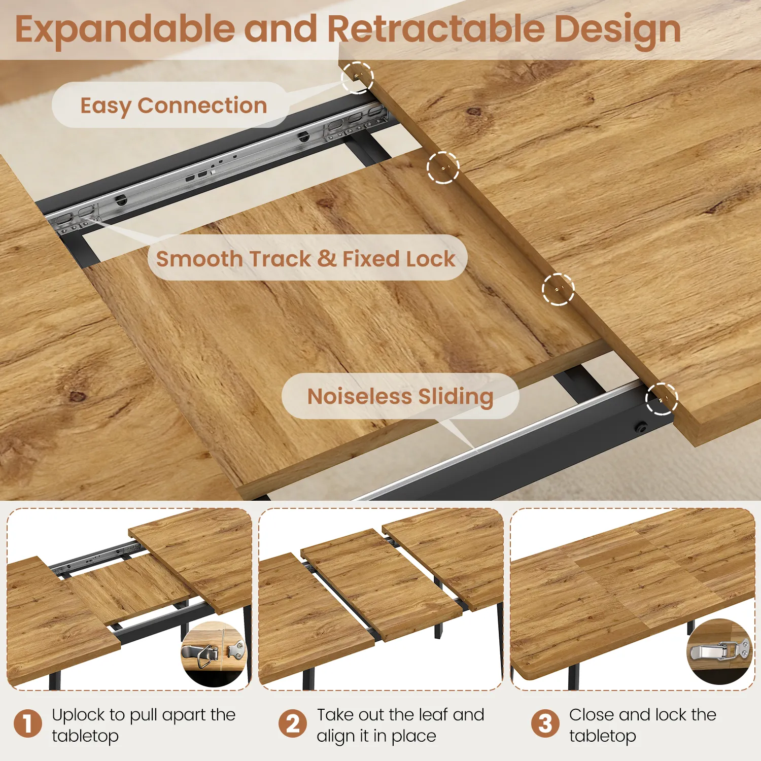 47.4" -63.2" Extendable Dining Room Table,Modern MDF Dining Table for 4-6,Space Saving Dining Room Table Compact for Living Room, Apartment