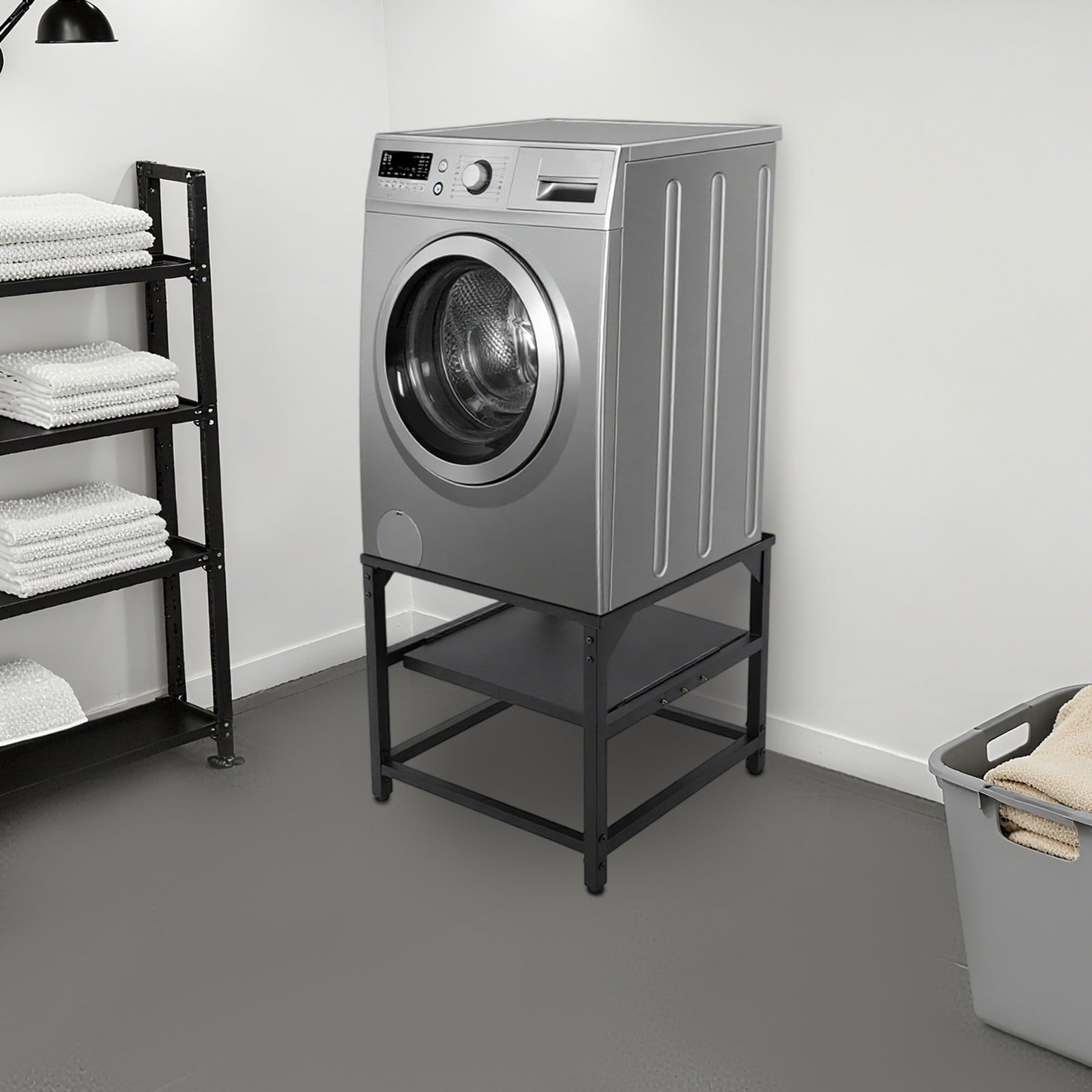 Modern Washing Machine Base Dryer Stand, Washing Machine Base with Shelf Black
