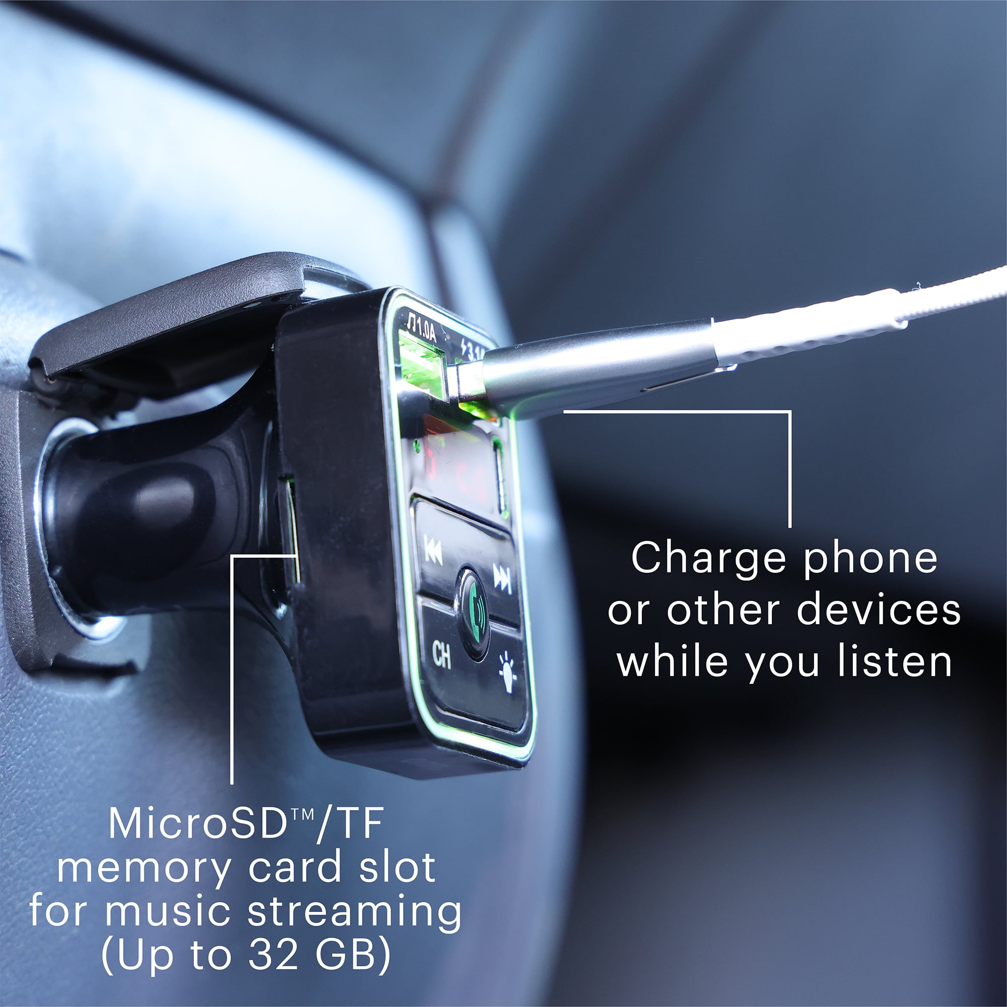 onn. Bluetooth FM Car Charger with LCD Screen, Type C, Wirelessly Stream Calls and Music