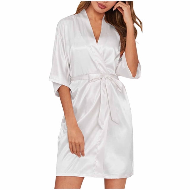 Timegard Womens Bathrobe V Neck 1/2 Sleeve Belted Waist Robes Lightweight Solid Color Comfy Short Loungewear