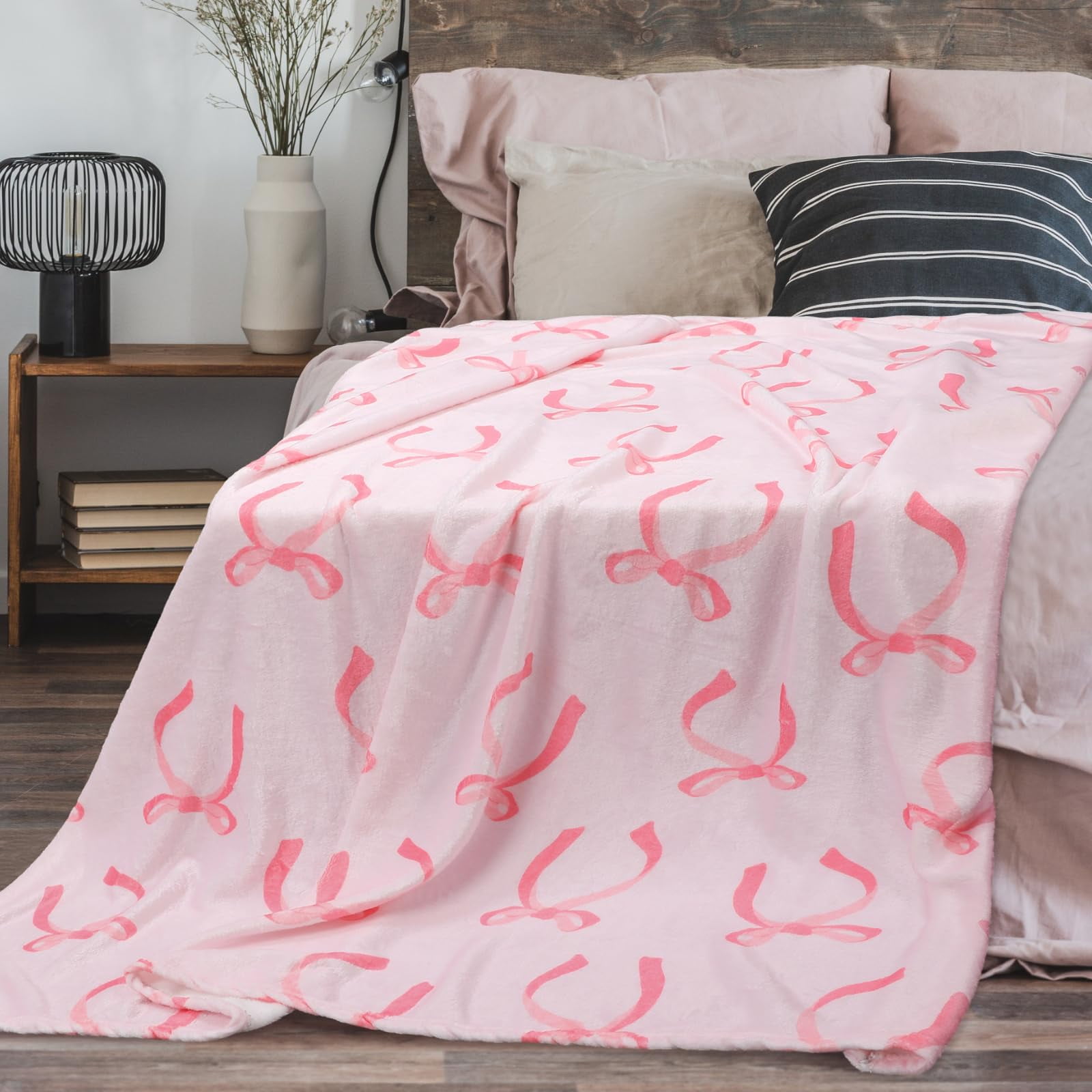 Pink Bow Blanket Christmas Throw Blanket Pink Bow Ribbon Winter Farmhouse Blanket Couch Sofa Soft Warm Bed Blankets for Women Friends Gifts, 50 x 60 Inch(Watercolor Bow)