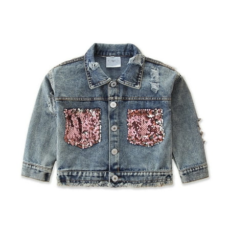 

Ytdscs 1-6T Little Girls Denim Jacket for Kids Baby Spring Fall Button Jean Jacket Long Sleeve Denim Coat for Toddler Small Sequins Cowboy Outwear with Pocket for Girls