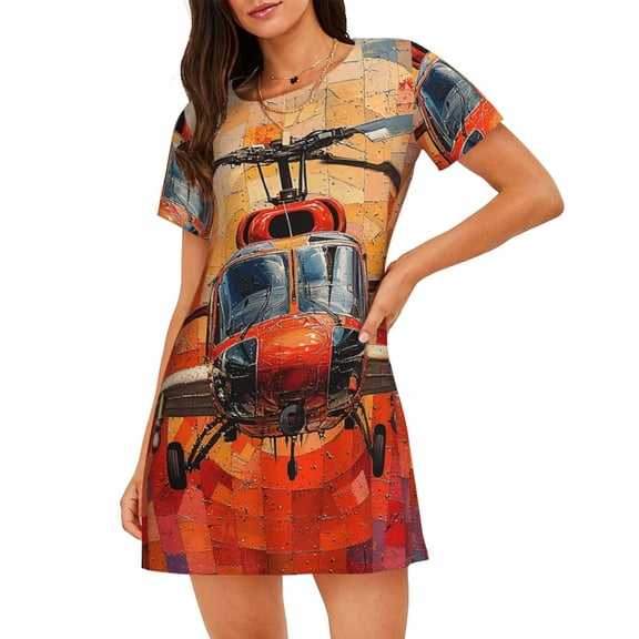 Women's Nightgown Sleepwear Short Sleeves Shirt Casual Soft Sleepdress, Helicopter Art