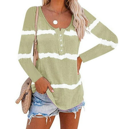 

OKBOP Long Sleeve Scrub Tops Women Tie-Dye Scoop Neck-Henley Shirts Summer Loose Casual Long Sleeve Red Blouse Tshirt Dress