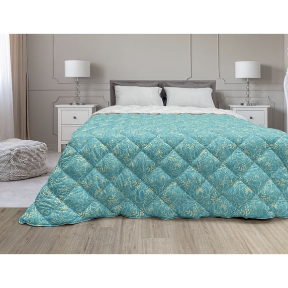 Yellow and Blue Down Alternative Comforter, Diamond Shaped Triangle Geometric Fractal Mosaic Traditional Motif, Microfiber Quilt for All Season, 5 Sizes, Aqua Teal Marigold, by Ambesonne