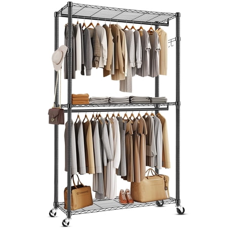 Qhomic Heavy Duty 3-Tier Clothing Rack, Free-Standing Double Rods Closet Rack with Lockable Wheels & 2 Side Hooks, Stylish Black Garment Storage, 46.8" x 17.6" x 80"