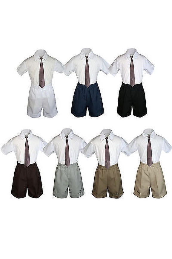 3pc Set Boy Toddler Formal Party Brown Necktie White Black Khaki Shorts S-4T