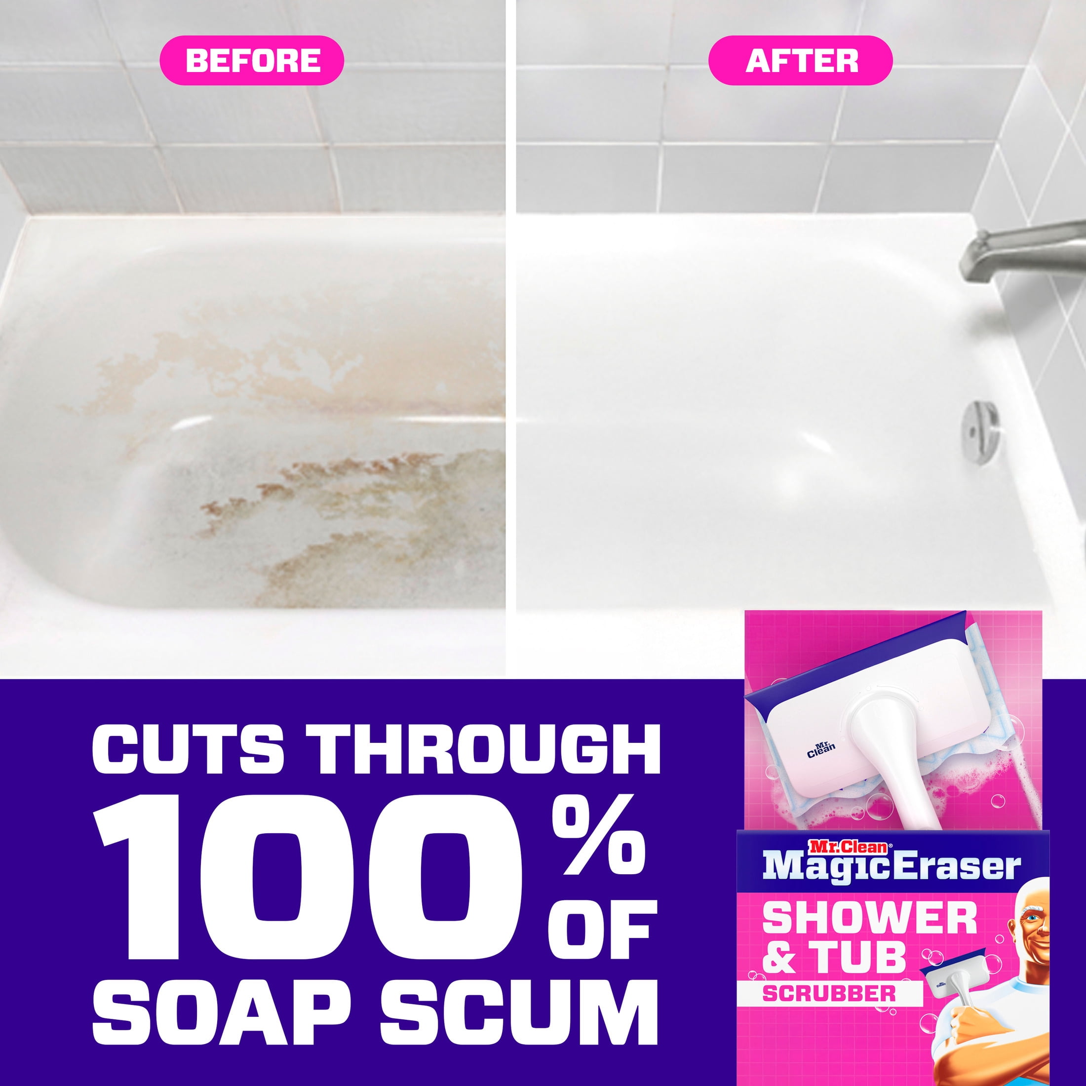 Mr. Clean Shower & Tub Scrubber, Starter Kit, 1 Scrubber & 2 Erasers