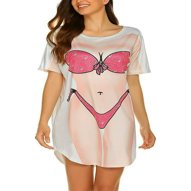 MesaSe Paréo de Bain pour Femmes, T-Shirt de Couverture de Maillot de Bain Amusant Imprimé pour Bikini, Robe de Femme, Tenue Amusante pour Fête à la Plage